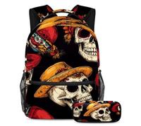 VAPOKF Ensemble sac d'école motif tête de mort mexicaine Day of the Dead pour adolescentes, filles, garçons, enfants, sac à dos avec trousse à crayons pour l'école primaire, secondaire et lycée