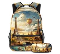 VAPOKF Ensemble sac d'école Paris Europe pour adolescentes, filles, garçons, enfants, sac à dos avec trousse à crayons pour école primaire, secondaire, lycée, multicolore, Taille unique, Ensemble