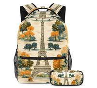 VAPOKF Ensemble sac d'école Tour Eiffel avec arbres d'automne pour adolescentes, filles, garçons, enfants, sac à dos pour étudiant, sac à dos avec trousse à crayons pour l'école primaire, secondaire