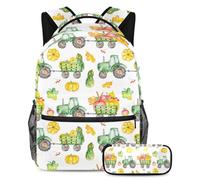 VAPOKF Harvest Citrouille Vert pomme Tracteur Cartable pour adolescentes, filles, garçons, enfants, étudiant, cartable sac à dos avec trousse à crayons pour primaire, secondaire, junior lycée,