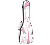 VAPOKF Housse pour ukulélé, housse pour ukulélé soprano ténor concert 58,4 cm, 10 mm d'épaisseur, rembourrée, sangles réglables, sac de transport, tour Eifel rose avec cœurs, multicolore,