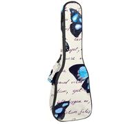 VAPOKF Housse pour ukulélé, housse pour ukulélé soprano ténor concert 58,4 cm, 10 mm d'épaisseur, rembourrée, sangles réglables, sac de transport, papillon bleu sur texte écrit, multicolore,