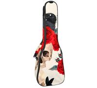 VAPOKF Housse pour ukulélé, housse pour ukulélé soprano ténor concert de 58,4 cm, 10 mm d'épaisseur, rembourrée, sangles réglables, noir, corbeau, papillon, crâne mort, rose rouge, multicolore,