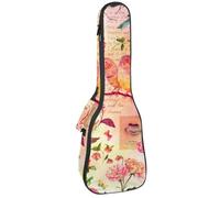VAPOKF Housse pour ukulélé soprano ténor concert 58,4 cm, 10 mm d'épaisseur, rembourrée, sangles réglables, sac de transport, aquarelle, oiseau, papillon, fleur sur vieux textes, multicolore,