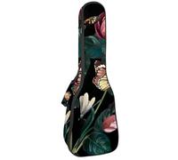 VAPOKF Housse pour ukulélé soprano ténor concert de 58,4 cm, 10 mm d'épaisseur, rembourrée, sangles réglables, sac de transport, papillon, abeille, libellule, coccinelle sur fleur de pivoine,