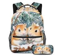 VAPOKF Lot de 2 sacs d'école avec motif hamster sur branche de pin enneigé pour adolescentes, filles, garçons, enfants, sac à dos avec trousse à crayons pour l'école primaire, secondaire et lycée