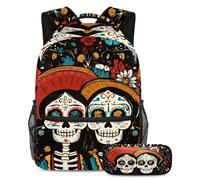VAPOKF Lot de 2 sacs d'école mexicains en forme de crâne de sucre squelette pour adolescentes, filles, garçons, enfants, sac à dos avec trousse à crayons pour l'école primaire, secondaire et lycée