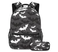 VAPOKF Lot de 2 sacs d'école motif silhouette de chauve-souris d'Halloween pour adolescentes, filles, garçons, enfants, sac à dos avec trousse à crayons pour primaire, secondaire, lycée, multicolore,