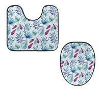 VAPOKF Lot de 2 tapis contour WC en forme de U et couvre-abattant de toilette, en flanelle, doux et antidérapant, avec housse pour abattant de toilettes, motif feuilles tropicales bleues, roses