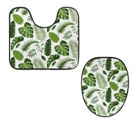 VAPOKF Lot de 2 tapis contour WC en forme de U et housse pour abattant de toilettes, en flanelle, doux et antidérapant, motif feuilles tropicales