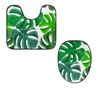 VAPOKF Lot de 2 tapis contour WC en forme de U et housse pour abattant de toilettes, en flanelle, doux et antidérapant, avec housse pour abattant de toilettes, motif feuilles vertes tropicales