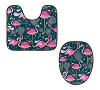 VAPOKF Lot de 2 tapis contour WC en forme de U et housse pour abattant de toilettes, en flanelle, doux et antidérapant, motif gouttes de pluie, flamant rose