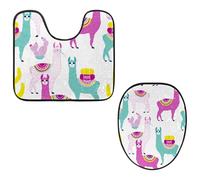 VAPOKF Lot de 2 tapis contour WC en forme de U et housse pour abattant de WC, tapis de bain en flanelle douce et antidérapante, housse pour abattant de toilettes, motif lama blanc alpaga