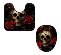 VAPOKF Lot de 2 tapis contour WC en forme de U et housse pour abattant de WC, tapis de salle de bain en flanelle douce et antidérapante pour abattant de toilettes, motif oiseau rouge vintage tête de