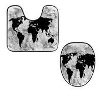 VAPOKF Lot de 2 tapis contour WC en forme de U et housse pour abattant de WC, tapis de salle de bain en flanelle douce et antidérapante, motif carte du monde grunge