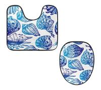 VAPOKF Lot de 2 tapis contour WC en forme de U et housse pour abattant de WC, tapis de salle de bain en flanelle douce et antidérapante, motif coquillage bleu dessiné à la main