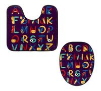 VAPOKF Lot de 2 tapis contour WC en forme de U et housse pour abattant de WC, tapis de salle de bain en flanelle douce et antidérapante, housse pour abattant de toilettes, thème école, alphabet violet