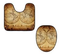 VAPOKF Lot de 2 tapis contour WC en forme de U et housse pour abattant de WC, tapis de salle de bain en flanelle douce et antidérapante, housse pour abattant de toilettes, motif carte du monde rétro
