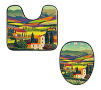 VAPOKF Lot de 2 tapis contour WC en forme de U et housse pour abattant de WC, tapis de salle de bain en flanelle douce et antidérapante pour abattant de toilettes, paysage de ferme rurale italienne