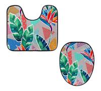 VAPOKF Lot de 2 tapis contour WC en forme de U et housse pour abattant de WC, tapis de salle de bain en flanelle douce et antidérapante pour abattant de toilettes, motif feuilles tropicales colorées