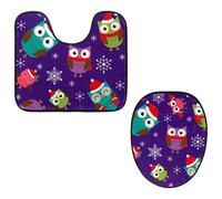 VAPOKF Lot de 2 tapis contour WC en forme de U et housse pour abattant de WC, tapis de salle de bain en flanelle douce et antidérapante, motif hiboux avec chapeau de Noël et flocon de neige