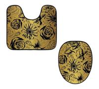 VAPOKF Lot de 2 tapis contour WC en forme de U et housse pour abattant de WC, tapis de salle de bain en flanelle douce et antidérapante, motif doré avec roses de tournesol noires