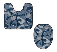 VAPOKF Lot de 2 tapis contour WC en forme de U et housse pour abattant de WC, tapis de salle de bain en flanelle douce et antidérapante pour abattant de toilettes, motif requin sauvage, animal marin