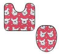 VAPOKF Lot de 2 tapis contour WC en forme de U et housse pour abattant de WC, tapis de salle de bain en flanelle douce et antidérapante pour abattant de toilettes, motif tête de carlin, fond rose