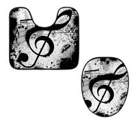 VAPOKF Lot de 2 tapis contour WC en forme de U et housse pour abattant de WC, tapis de salle de bain en flanelle douce et antidérapante, motif notes de musique grunge, noir