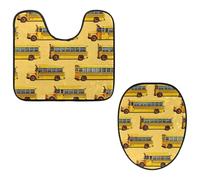 VAPOKF Lot de 2 tapis contour WC en forme de U et housse pour abattant de WC, tapis de salle de bain en flanelle douce et antidérapante pour abattant de toilettes, motif bus scolaire vintage