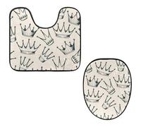 VAPOKF Lot de 2 tapis contour WC en forme de U et housse pour abattant de WC, tapis de salle de bain en flanelle douce et antidérapante pour abattant de toilettes, motif couronne de princesse, beige