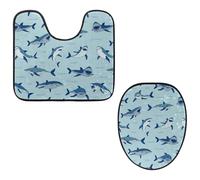 VAPOKF Lot de 2 tapis contour WC en forme de U et housse pour abattant de WC, tapis de salle de bain en flanelle douce et antidérapante, motif requins sous-marins