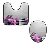 VAPOKF Lot de 2 tapis contour WC en forme de U et housse pour abattant de WC, tapis de salle de bain en flanelle douce et antidérapante, housse pour abattant de toilettes, motif papillon, rose, fleur