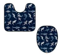 VAPOKF Lot de 2 tapis contour WC en forme de U et housse pour abattant de WC, tapis de salle de bain en flanelle douce et antidérapante, motif requins bleus fond bleu marine