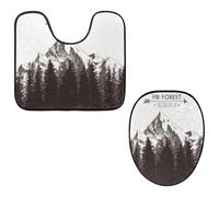 VAPOKF Lot de 2 tapis contour WC en forme de U et housse pour abattant de WC, tapis de salle de bain en flanelle douce et antidérapante, housse pour abattant de toilettes, forêt de sapin, montagne