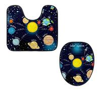 VAPOKF Lot de 2 tapis contour WC en forme de U et housse pour abattant de WC, tapis de salle de bain en flanelle douce et antidérapante pour abattant de toilettes, motif dessin animé, système solaire