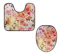 VAPOKF Lot de 2 tapis contour WC en forme de U et housse pour abattant de WC, tapis de salle de bain en flanelle douce et antidérapante, housse pour abattant de toilettes, aquarelle, oiseau, papillon