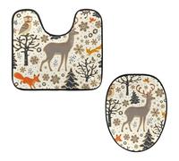 VAPOKF Lot de 2 tapis contour WC en forme de U et housse pour abattant de WC, tapis de salle de bain en flanelle douce et antidérapante, motif animaux de la forêt dessinés à la main