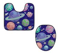 VAPOKF Lot de 2 tapis contour WC en forme de U et housse pour abattant de WC, tapis de salle de bain en flanelle douce et antidérapante, housse pour abattant de toilettes, planètes colorées, système