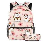 VAPOKF Maneki Neko Ensemble cartable avec motif chats et fleurs de cerisier pour adolescentes, filles, garçons, enfants, sac à dos avec trousse à crayons pour primaire, secondaire, lycée