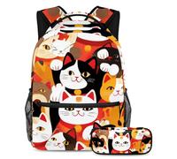 VAPOKF Maneki Neko Ensemble cartable coloré pour adolescentes, filles, garçons, enfants, sac à dos avec trousse à crayons pour l'école primaire, secondaire et lycée