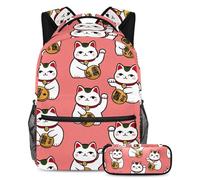 VAPOKF Maneki Neko Ensemble cartable pour adolescent, fille, garçon, enfant, sac à dos avec trousse à crayons pour école primaire, secondaire, lycée