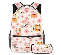 VAPOKF Maneki Neko Ensemble cartable pour adolescentes, filles, garçons, enfants, sac à dos avec trousse à crayons pour école primaire, secondaire, lycée