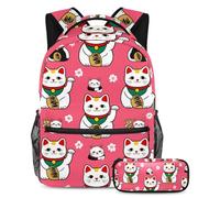 VAPOKF Maneki Neko Ensemble cartable pour adolescentes, filles, garçons, enfants, sac à dos avec trousse à crayons pour école primaire, secondaire, lycée