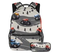 VAPOKF Monster Truck Cars on Road Sac d'école pour adolescentes, filles, garçons, enfants, sac à dos avec trousse à crayons pour école primaire, secondaire, lycée, multicolore, Taille unique, Ensemble