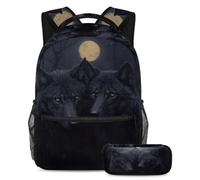 VAPOKF Night Wolf Ensemble cartable pleine lune pour adolescentes, filles, garçons, enfants, sac à dos avec trousse à crayons pour école primaire, secondaire et lycée, multicolore, Taille unique