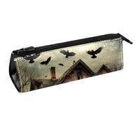 VAPOKF Raven Flying Over Abandoned Cabin Pen Bag Stationery Pouch Pencil Bag Cosmetic Pouch Bag Compact Zipper Bag