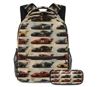 VAPOKF Rows of Vintage Racing Cars Cartable Set pour Adolescents Filles Garçons Enfants Étudiant Bookbag Sac à dos Sac à dos Sac à dos avec Trousse à crayons pour primaire Secondaire Junior Lycée