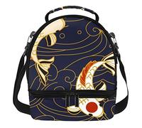 VAPOKF Sac à déjeuner isotherme pour homme et femme, étanche, à double étage, sac fourre-tout pour le travail, l'école, le Koi Fish et les vagues dans un motif de style japonais