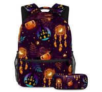 VAPOKF Sac d'école effrayant avec attrape-rêves et lune pour adolescentes, filles, garçons, enfants, sac à dos avec trousse à crayons pour primaire, secondaire, lycée, multicolore, Taille unique,